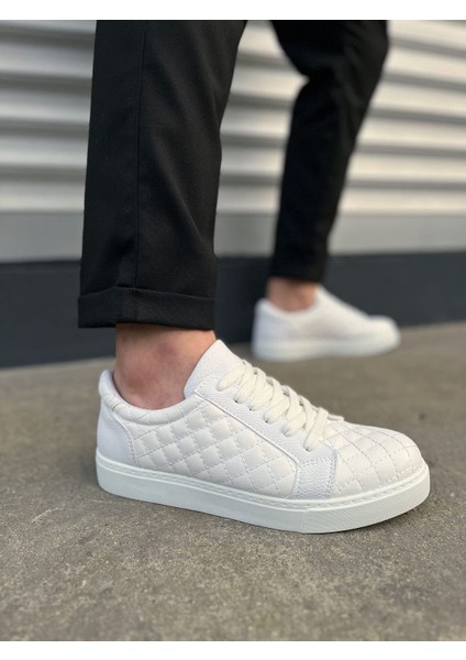 JY166 Prestige Bağcıklı Cilt Kapitone Desenli Erkek Günlük Sneaker Ayakkabı Cbt - Beyaz