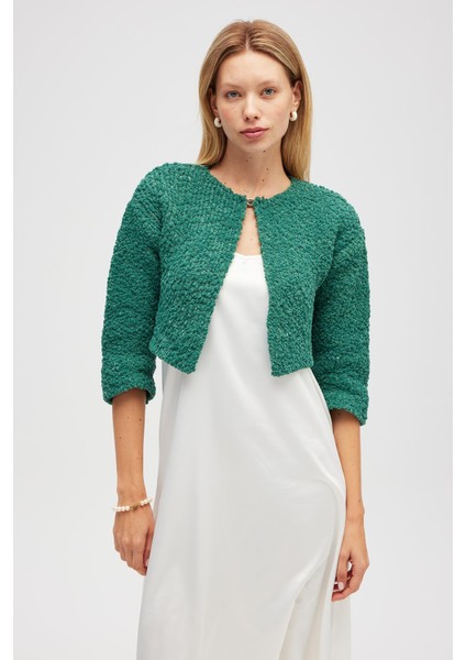 Kayla, Düz Örgü, Kadın Kısa Triko Hırka - Yeşil