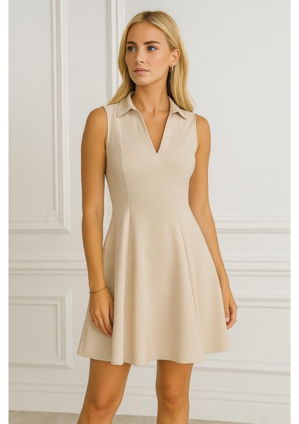 Polo Yaka Kolsuz Volanlı Elbise Bej fiyatları