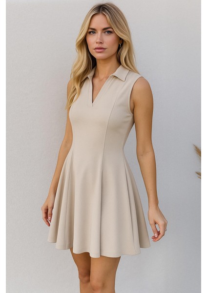 Polo Yaka Kolsuz Volanlı Elbise Bej fırsatları