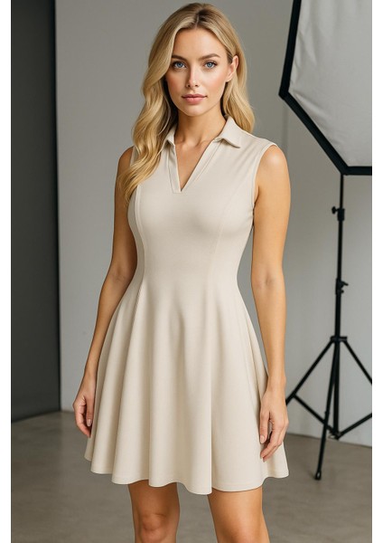 Polo Yaka Kolsuz Volanlı Elbise Bej