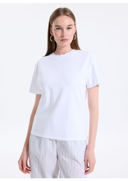 Yuvarlak Yaka Baskılı Beyaz Kadın T-Shirt LV044D202GYAA