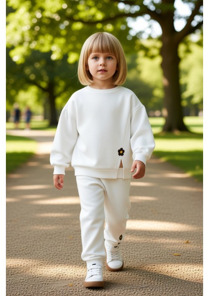 Kız Çocuk Pamuklu Çiçek Detaylı Bisiklet Yaka Uzun Kollu Örme Takım Kaliteli Şık Rahat