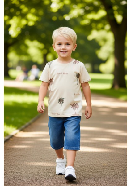 Erkek Çocuk Tropikal Baskılı Pamuklu Kısa Kollu Tişört ve Jean Şort Takımı Kaliteli Şık Rahat