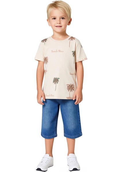 Erkek Çocuk Tropikal Baskılı Pamuklu Kısa Kollu Tişört ve Jean Şort Takımı Kaliteli Şık Rahat fırsatları