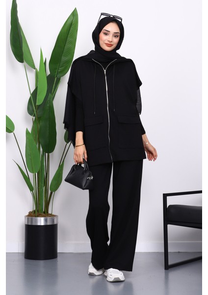 Siyah Fermuarlı Çift Cepli Modal Yelek Pantolonlu Takım
