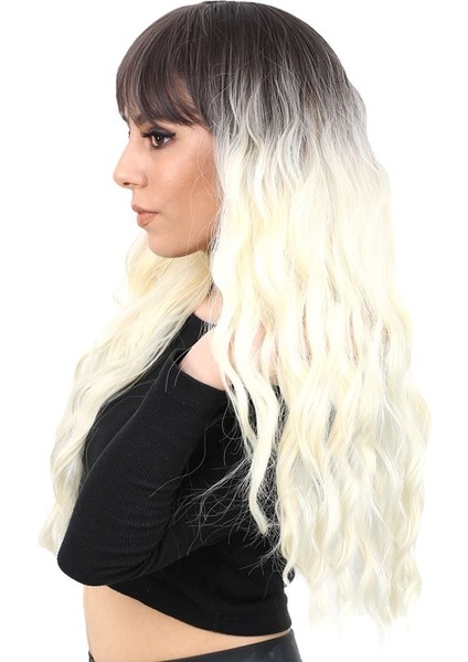 Perçemli Uzun Su Dalgası Fiber Sentetik Peruk / Küllü Siyah / Platin Ombreli modelleri