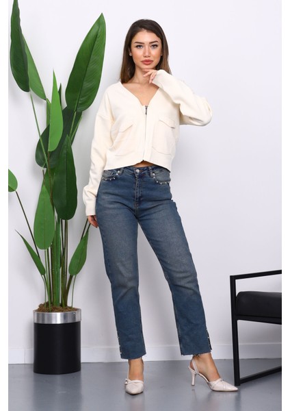 Krem Çift Cepli Fermuarlı Triko Hırka fiyatları