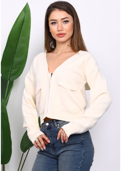 Krem Çift Cepli Fermuarlı Triko Hırka modelleri