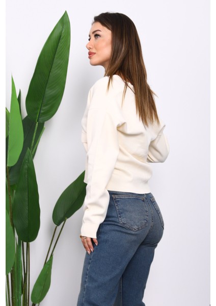 Krem Çift Cepli Fermuarlı Triko Hırka fırsatları