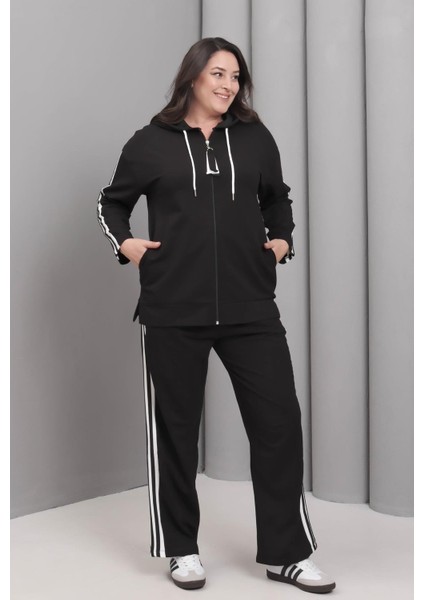 Kadın Büyük Beden Siyah, Şerit Detaylı, Kapüşonlu Eşofman Takım 65N39228