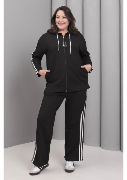 Kadın Büyük Beden Siyah, Şerit Detaylı, Kapüşonlu Eşofman Takım 65N39228 fiyatları