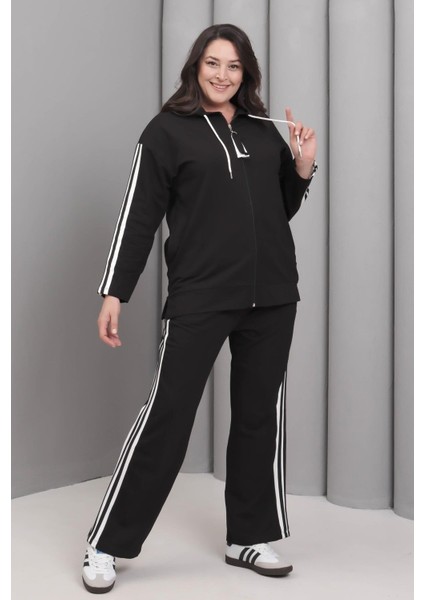 Kadın Büyük Beden Siyah, Şerit Detaylı, Kapüşonlu Eşofman Takım 65N39228 modelleri