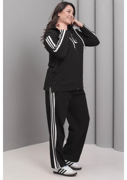 Kadın Büyük Beden Siyah, Şerit Detaylı, Kapüşonlu Eşofman Takım 65N39228 fırsatları