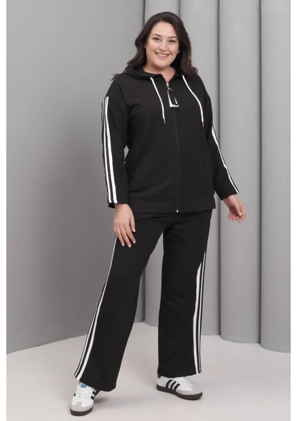 Kadın Büyük Beden Siyah, Şerit Detaylı, Kapüşonlu Eşofman Takım 65N39228 indirimleri