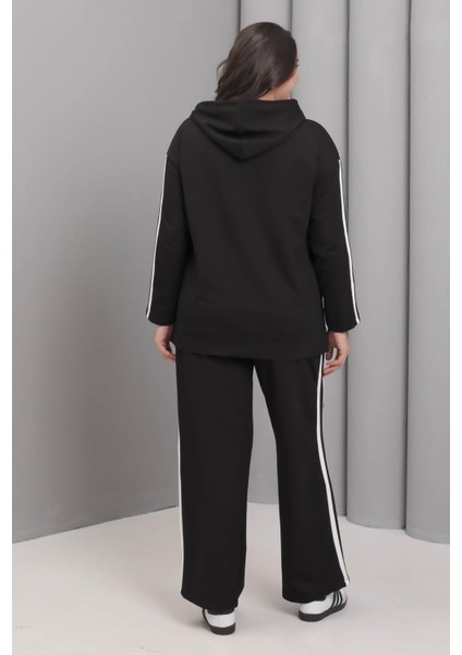 Kadın Büyük Beden Siyah, Şerit Detaylı, Kapüşonlu Eşofman Takım 65N39228