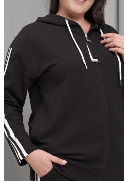 Kadın Büyük Beden Siyah, Şerit Detaylı, Kapüşonlu Eşofman Takım 65N39228