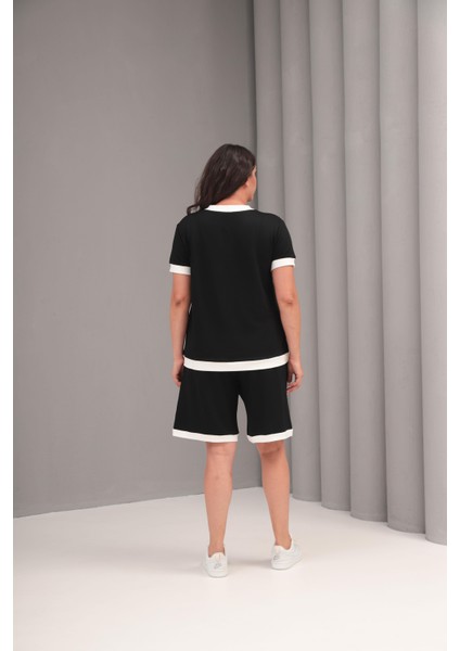 Kadın Büyük Beden Siyah-Beyaz, V Yaka, Süs Düğmeli Üst, Paça Detaylı Cepli Şort 2li Takım 65N39066 fiyatları