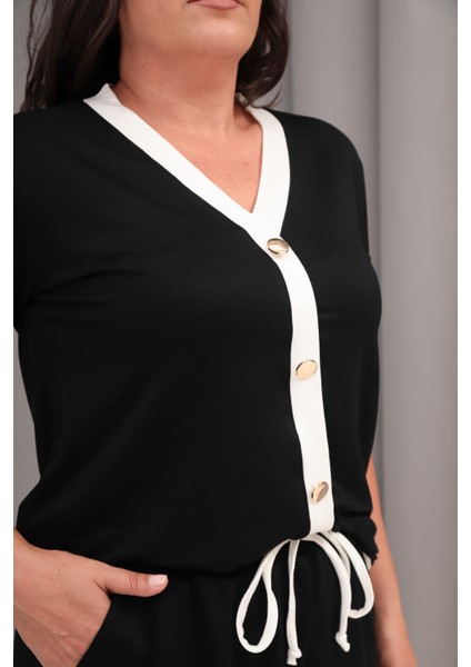 Kadın Büyük Beden Siyah-Beyaz, V Yaka, Süs Düğmeli Üst, Paça Detaylı Cepli Şort 2li Takım 65N39066 indirimleri