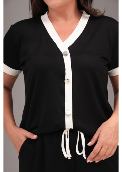 Kadın Büyük Beden Siyah-Beyaz, V Yaka, Süs Düğmeli Üst, Paça Detaylı Cepli Şort 2li Takım 65N39066