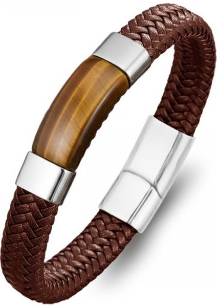 Kaplan Gözü Taşlı Kahverengi Deri Erkek Çelik Bileklik 9594B6D2