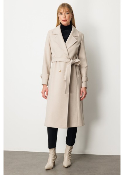 Kadın Beli Kuşaklı Kolları Apoletli Kaban 6061 Kum