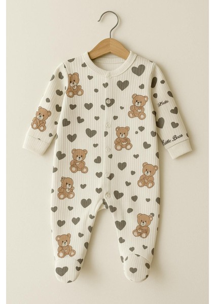 TUEMBABY%100 Pamuk Ayıcık-Kalp Baskılı Patikli Unisex Bebek Tulum