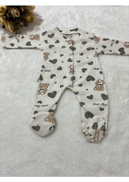 TUEMBABY%100 Pamuk Ayıcık-Kalp Baskılı Patikli Unisex Bebek Tulum fiyatları