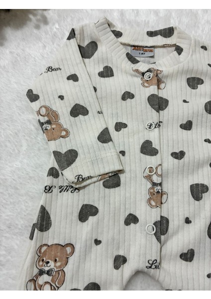 TUEMBABY%100 Pamuk Ayıcık-Kalp Baskılı Patikli Unisex Bebek Tulum indirimleri