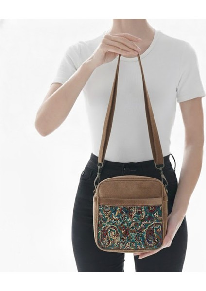 Iran Işi El Yapımı Etnik Desenli Sütlü Kahve Askılı Orta Boy Omuz Çantası