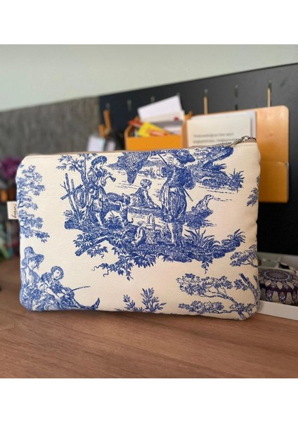 El Yapımı Toile De Jouy Desenli Tablet Çantası 11 Inç Gündelik Askısız Kadın El Çantası
