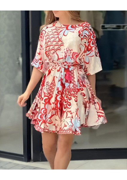 Kadın Kısa Balon Kollu Yuvarlak Yakalı Pileli Desenli Mini Elbise