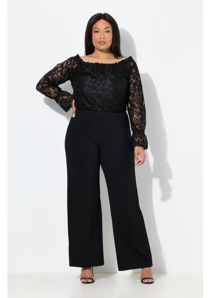 Kadın Büyük Beden Siyah, Madonna Yaka, Üst Dantel , Düz Paça Abiye Tulum 65N39117