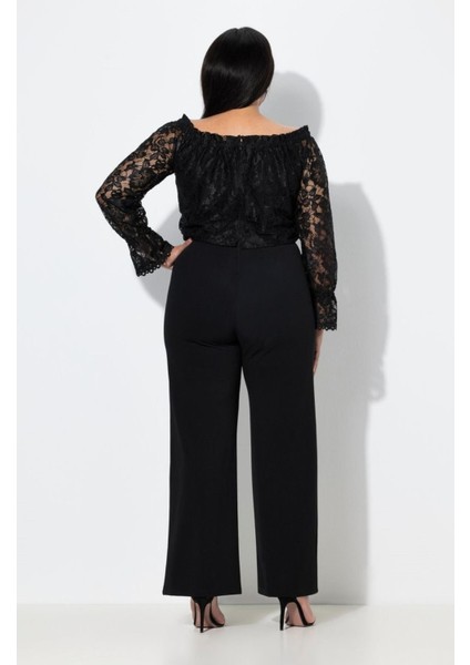Kadın Büyük Beden Siyah, Madonna Yaka, Üst Dantel , Düz Paça Abiye Tulum 65N39117 fiyatları