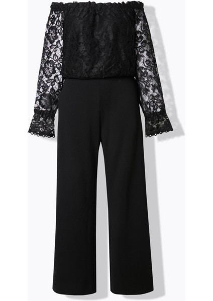 Kadın Büyük Beden Siyah, Madonna Yaka, Üst Dantel , Düz Paça Abiye Tulum 65N39117 modelleri