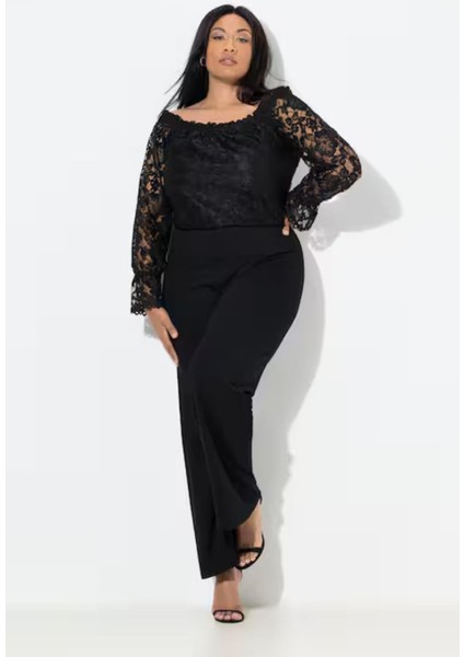 Kadın Büyük Beden Siyah, Madonna Yaka, Üst Dantel , Düz Paça Abiye Tulum 65N39117 fırsatları