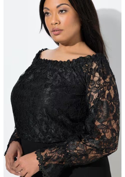 Kadın Büyük Beden Siyah, Madonna Yaka, Üst Dantel , Düz Paça Abiye Tulum 65N39117 indirimleri