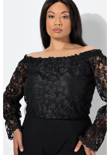 Kadın Büyük Beden Siyah, Madonna Yaka, Üst Dantel , Düz Paça Abiye Tulum 65N39117