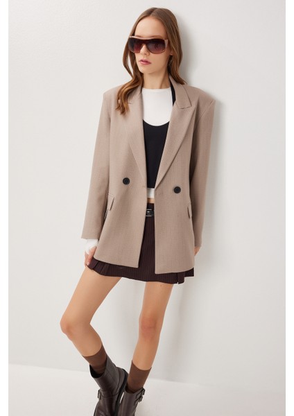 Oversize Vatkalı Çizgili Dokuma Ceket LWF0049 Vizon