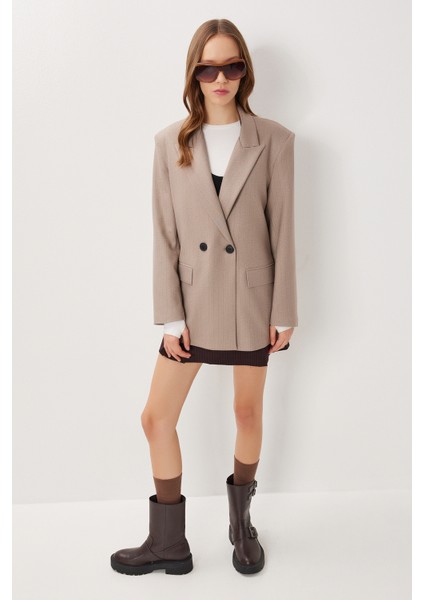 Oversize Vatkalı Çizgili Dokuma Ceket LWF0049 Vizon fiyatları