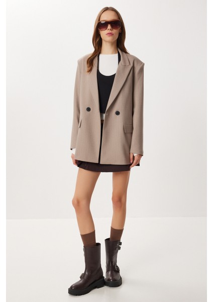 Oversize Vatkalı Çizgili Dokuma Ceket LWF0049 Vizon modelleri