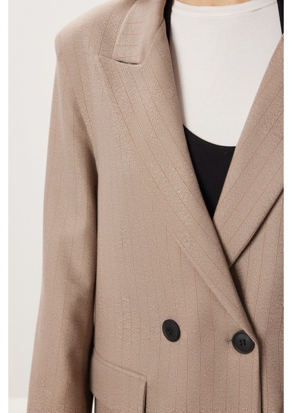 Oversize Vatkalı Çizgili Dokuma Ceket LWF0049 Vizon indirimleri