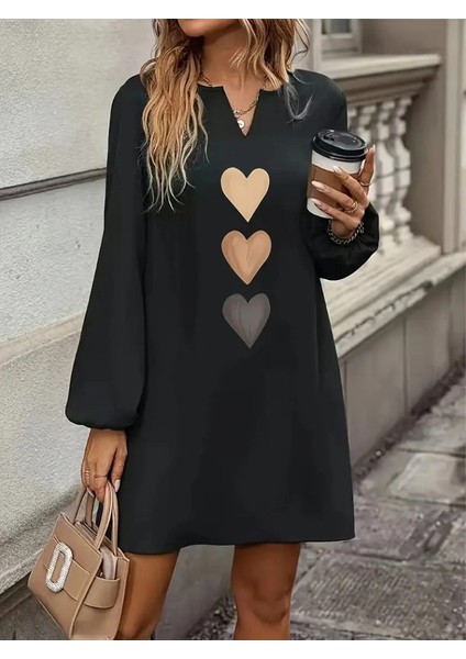Kadın Uzun Kollu V Yakalı Kalp Desenli Mini Ithal Krep Elbise