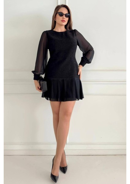 Etek Ucu Piliseli Şanel Kumaş Uzun Kollu Midi Boy Modern Tasarım Kadın Elbise 021 fiyatları