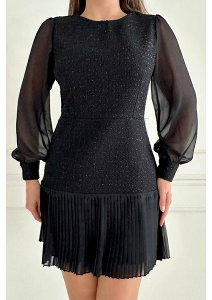 Etek Ucu Piliseli Şanel Kumaş Uzun Kollu Midi Boy Modern Tasarım Kadın Elbise 021 modelleri