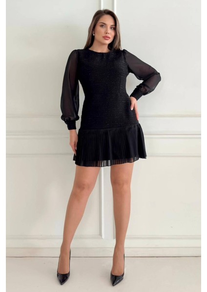 Etek Ucu Piliseli Şanel Kumaş Uzun Kollu Midi Boy Modern Tasarım Kadın Elbise 021 fırsatları