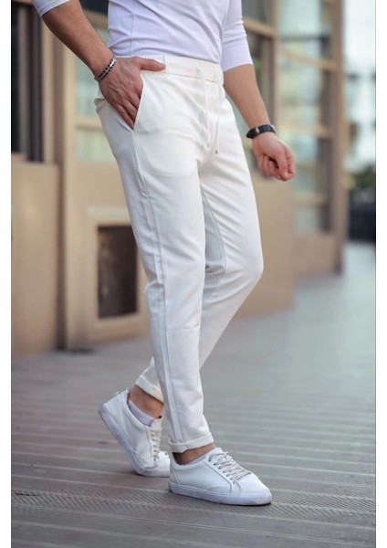 Mdb Erkek Diagonel Ikro Dokulu Cepli Beli Astilki Pantolon Beyaz