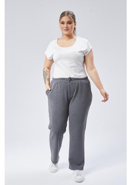 Kadın Büyük Beden Gri, Yan Cepli, Bel Lastik ve Bağcıklı Eşofman Alt 65N39129 fiyatları