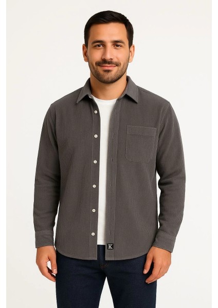 Erkek Fitilli Kadife Cepli Gömlek Oversize Rahat Kalıp - Füme fiyatları