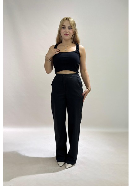 Yüksek Bel Cepli Poliviskon Palazzo Pantolon – Şık Düğme ve Apolet Detaylı Kadın Pantolon